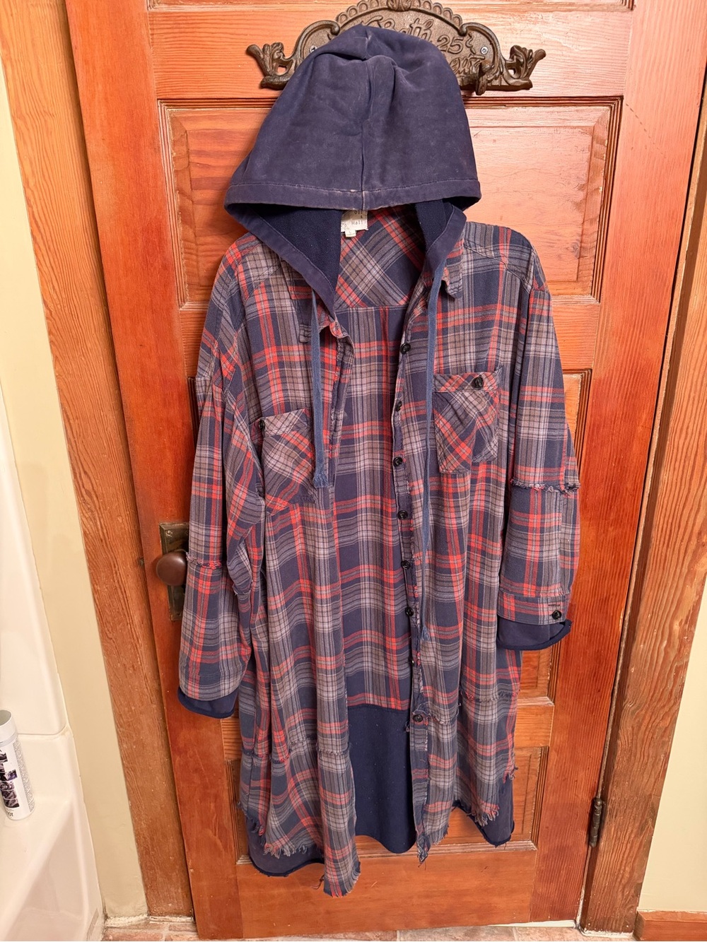 Oli & Hali Washed Plaid Button Down Hoodie Duster